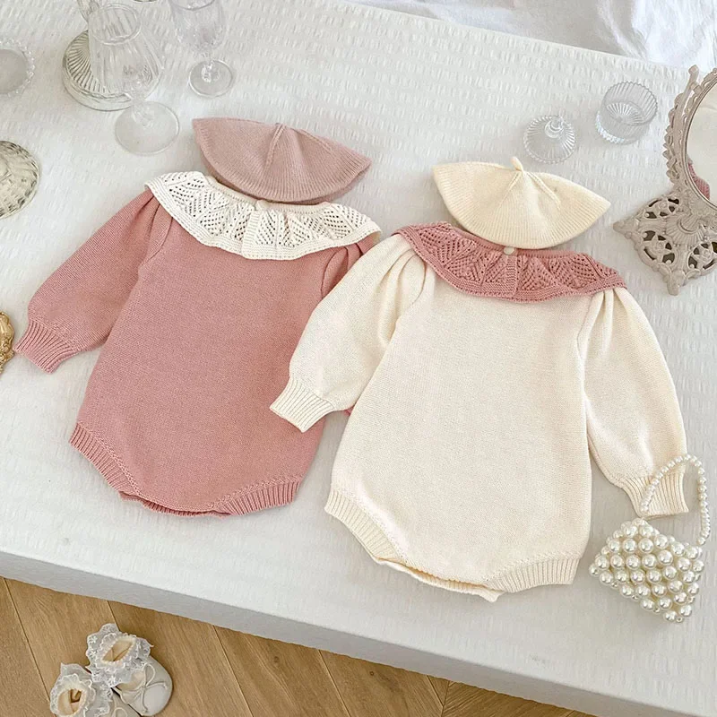 2024 New Autumn Newborn Baby Girls Knitted Bodysuits Long Sleeved Splicing Infant Baby Girls Jumpsuit Children Knitted Clothes