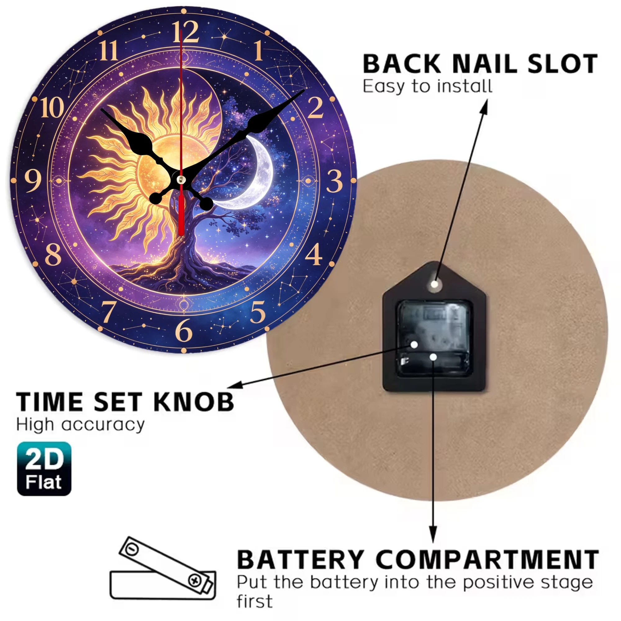 Sun and Moon  Wooden Wall Clock, 10/12 Inch Round Wood Clock, Silent Non Ticking Quartz Movement, Celestial Constellation Printed Home Decor