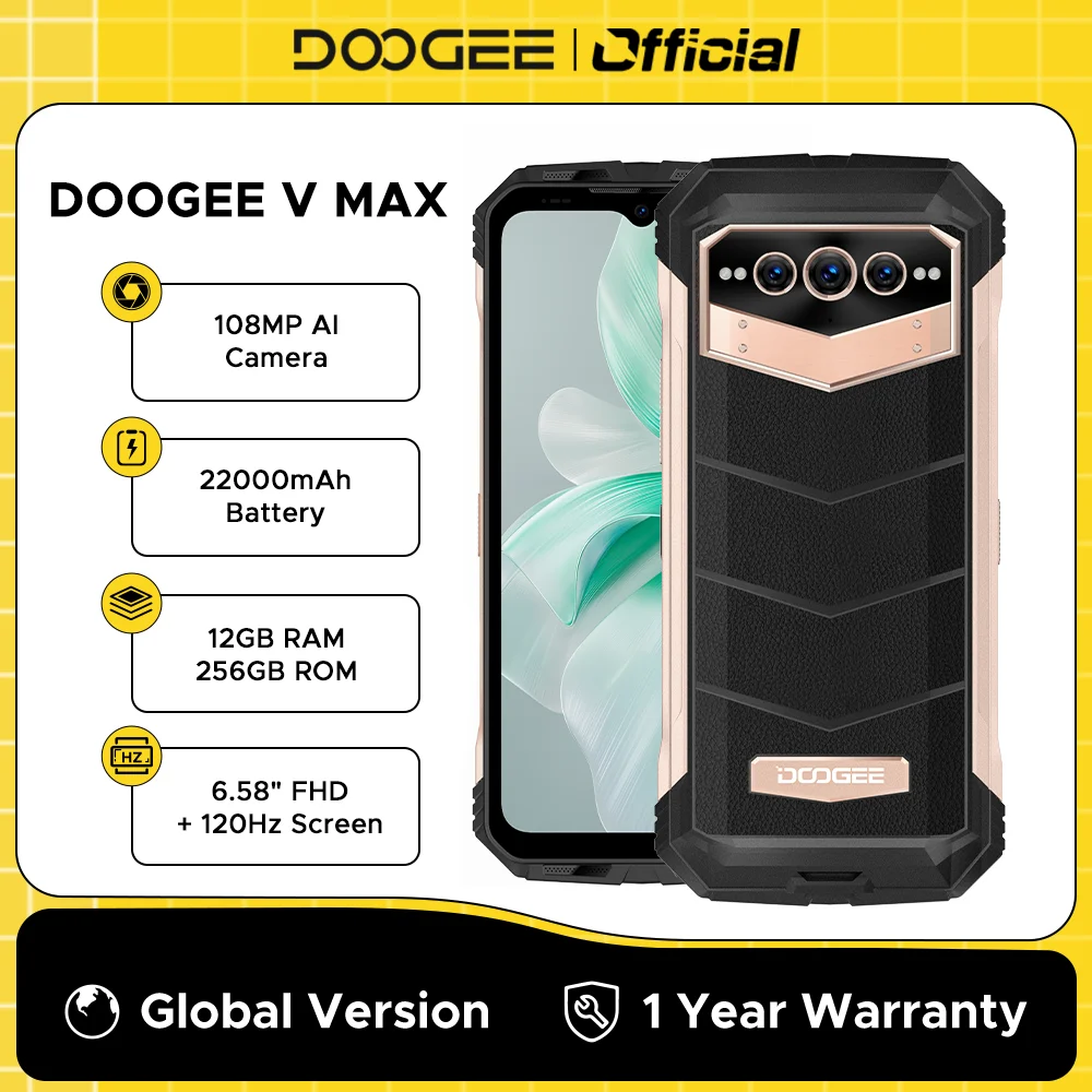 DOOGEE V Max 5G Wytrzymały telefon 6,58" 120 Hz Wyświetlacz IPS Wymiar 1080 Octa Core 12 GB 256 GB 108 MP AI Główna kamera Bateria 22000 mAh