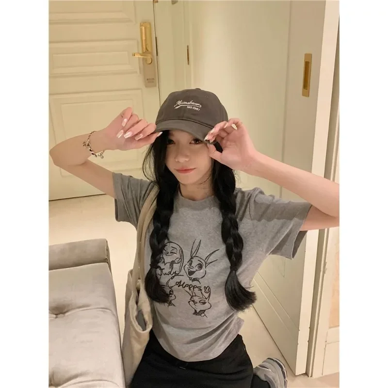 الصيف قصيرة الأكمام Harajuku Y2k تي شيرت الكورية طيات الخصر النحيف Camisetas الحلو الأبيض أرنب طباعة تيز المرأة س الرقبة