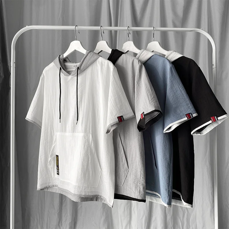 GELITAYIN Summer Short Sleeve Hooded Sweatwear Men Thin Splicing Solid Color T-Shirts Shoulder Drawstring Loose-fit Front Pocket