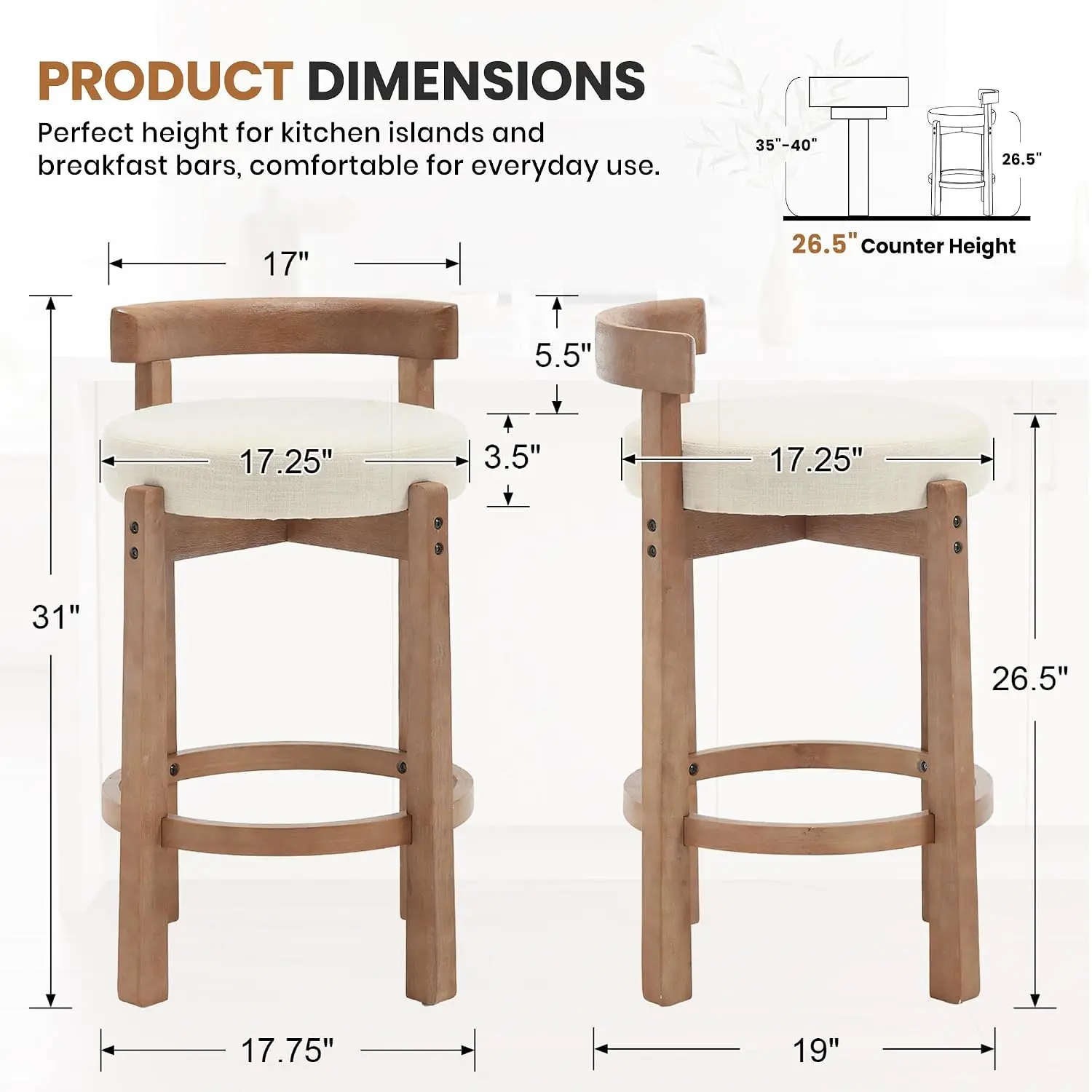 Linen Counter Stool Set 5, 26.5