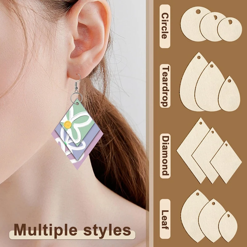 120Pieces Unfinished Wooden Earrings Blank Wood For Earring 4 Shapes For Wooden Earring With Earring Hooks & Jump Rings