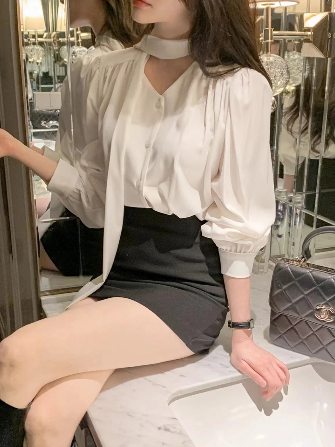 Chic Long Sve v-ne femmes irt ceinturé automne Design polyvalent Busin décontracté mince matériel trajet Sle printemps automne