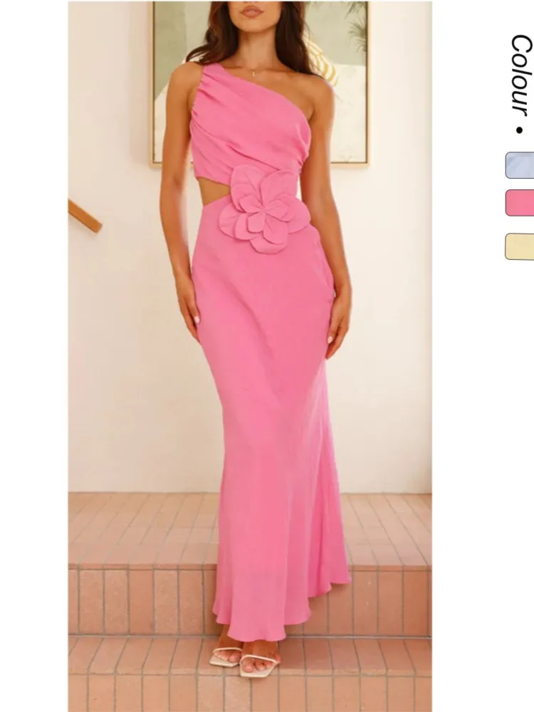 

Fashion Sexy Slim Party Prom Dresses Women Solid Color Slant Collar Off Shoulder Hollow Out 3D Flowers Package Hip Long Dress