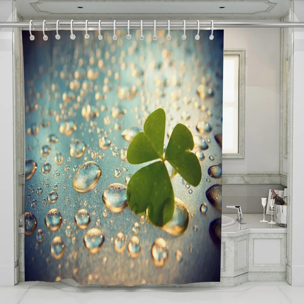 Raindrop Glass Clover Shower Curtain Watercolor Flower Ocean Beach Landscape Green Leaf Floral Scenery Plants Polyester Fabric