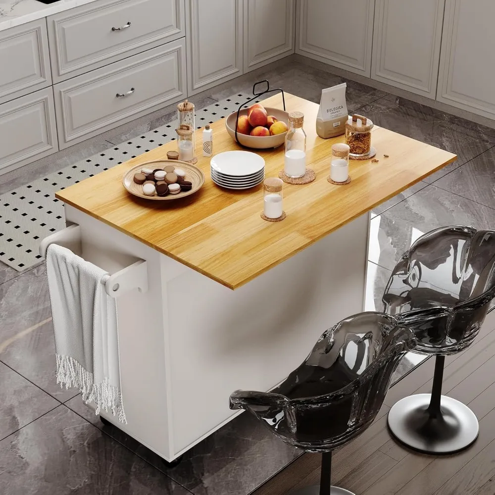 Rolling Kitchen Island with Storage,43" Kitchen Island Cart with Drop Leaf & Spice Rack & 3 Drawers,Portable Islands for Kitchen