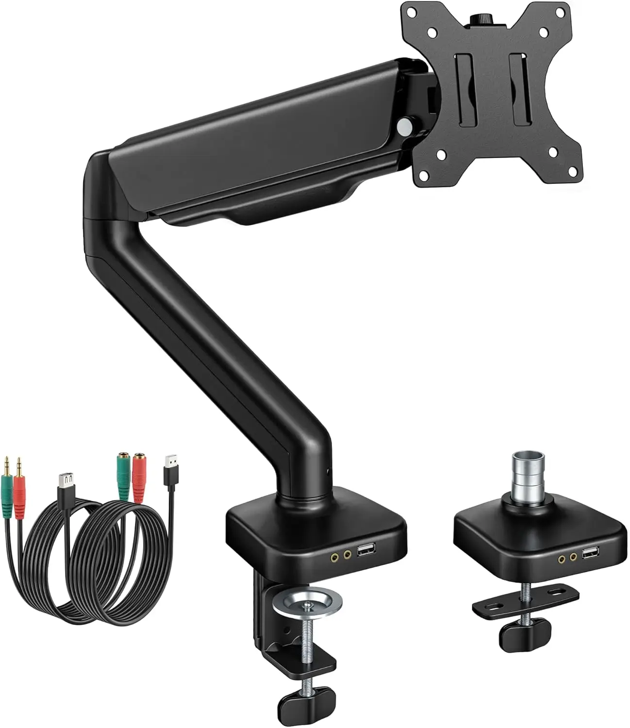 Heavy Duty Single Monitor Arm with USB/Audio Ports for 17-32" Screens, Premium Mechanical Spring, Full Motion, VESA 75/100 mm, Clamp/Grommet