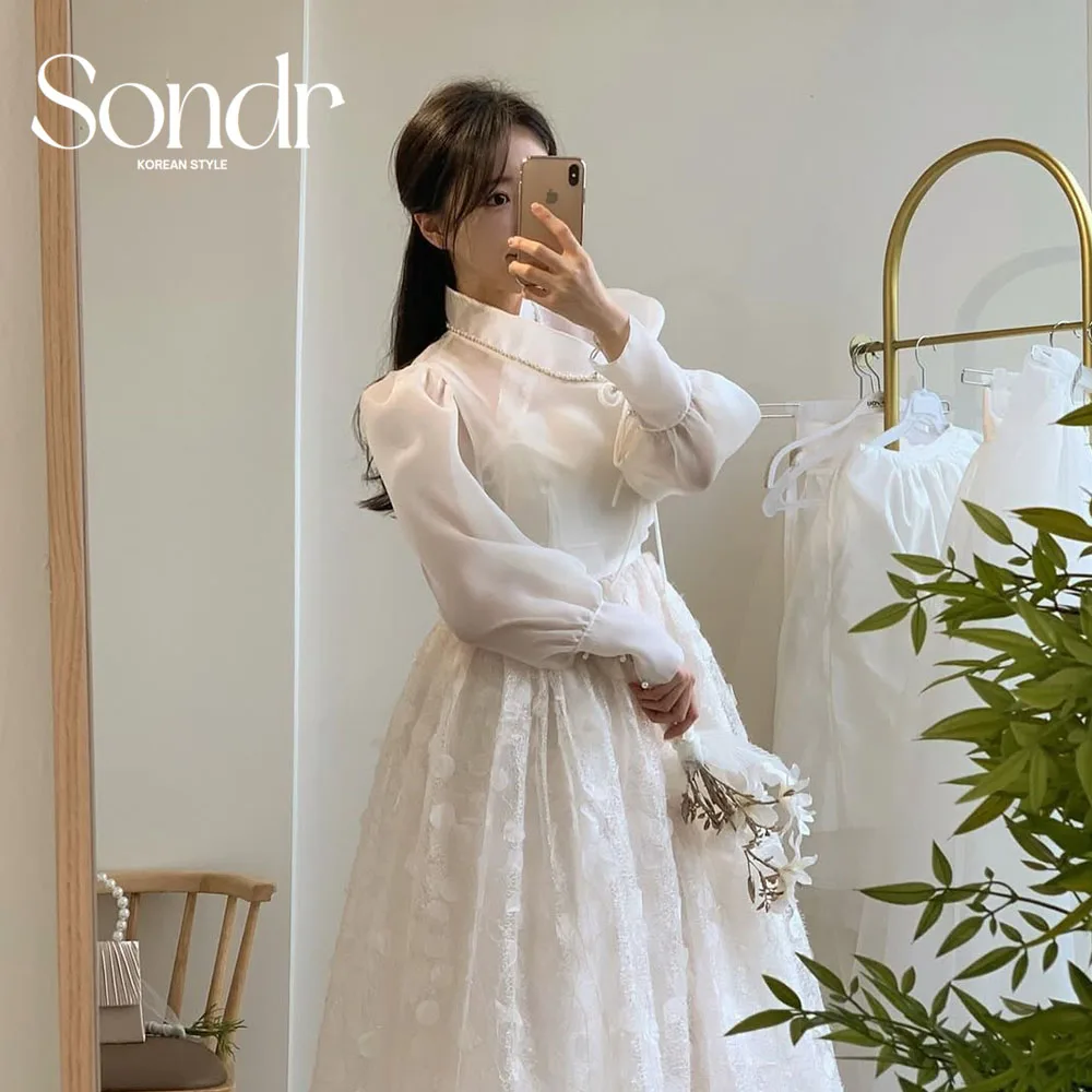 Sondr فساتين حفلات الزفاف الكورية الفاخرة الهانبوك مخصصة على شكل حرف v وأكمام طويلة من الحرير الأورجانزا والدانتيل فستان زفاف ملابس رسمية #1