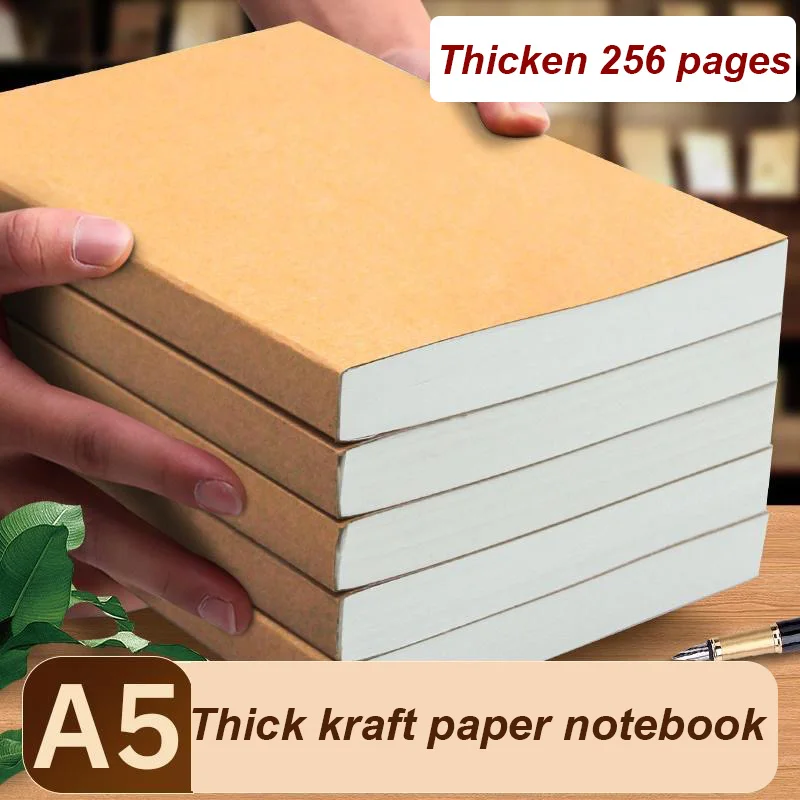 A5 Notebook 256 Pages 128 Line Blank Grid Inner Pages Eye Protection Kraft Paper Cover Small Notepad Book