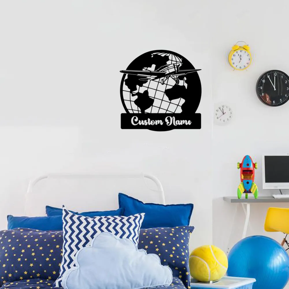 1PC Cute Earth Airplane Customized Name Decal Removable Vinyl Mural Poster For Study Room Decoration Accessories Murals