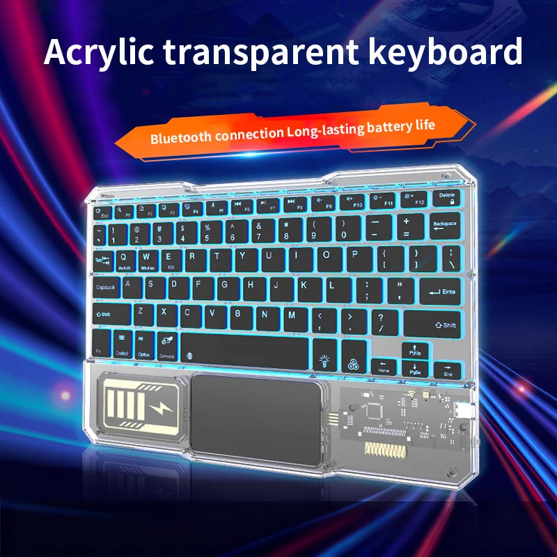 

10-дюймовая Bluetooth-клавиатура с RGB-подсветкой, акриловый прозрачный дизайн, оснащенная сенсорной панелью, клавиатурой планшета