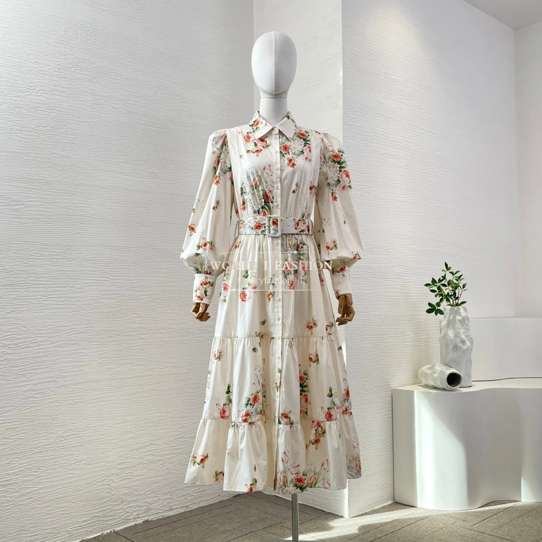 

2025 Women's Fashion White Floral Print Long Sleeve Pleat Turn Down Collar Midi Dress