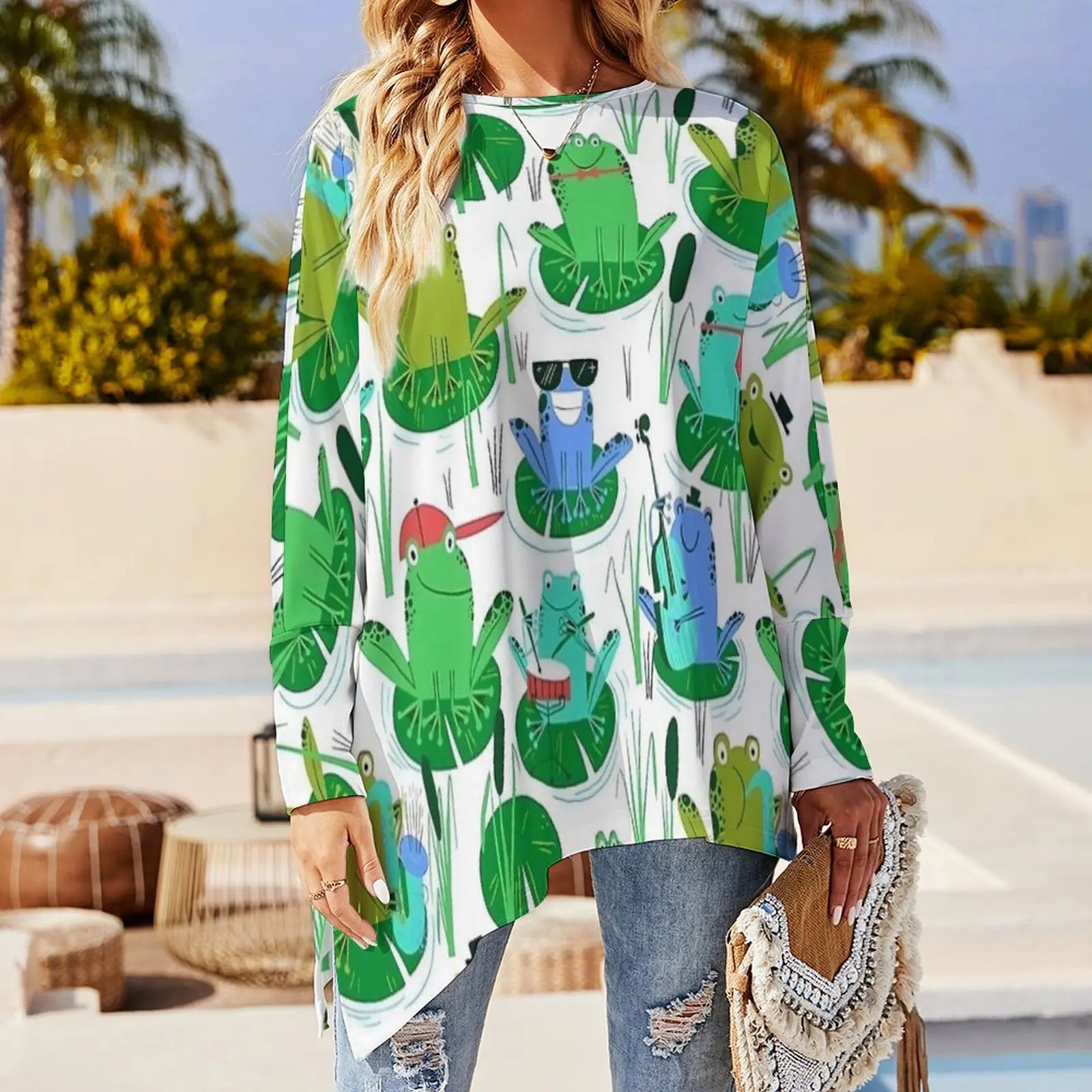 Frogs in A Pond T Shirt Cartoon Animal Kawaii Long Sleeve T-Shirts Women Casual Tee Shirt Big Size Design Clothing