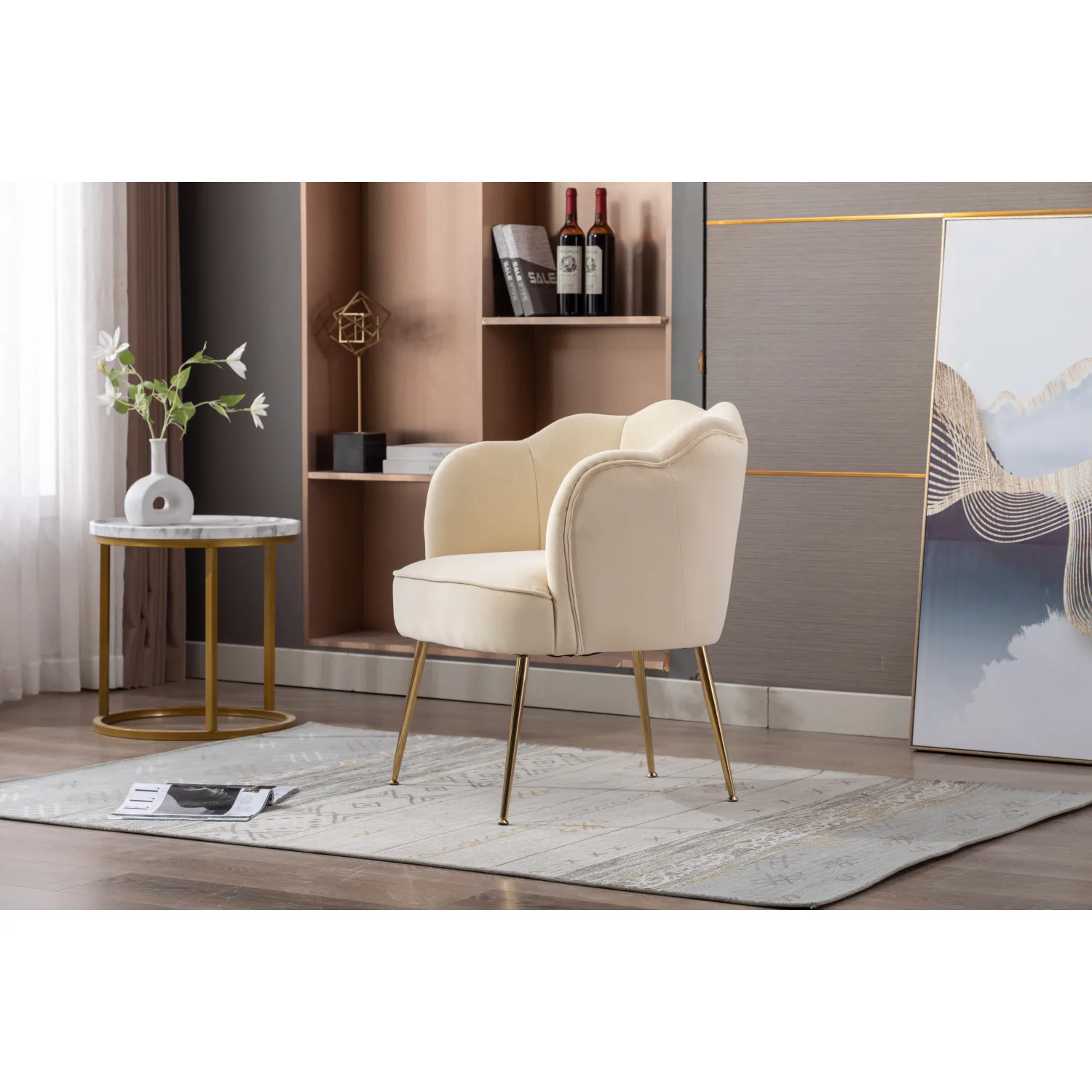 Shell Shape Velvet Fabric Armchair Accent Chair With Gold Legs For Living Room Bedroom,Beige