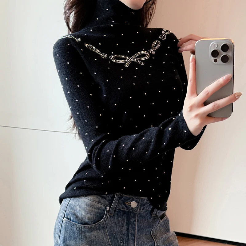 Black,Korean,Style,Fall,Winter,Turtleneck,Sweater,Chic,Sexy,Shiny,Bowknot,Diamonds,Women,Long Sleeve,Knitted,Drill,Tops,5110404