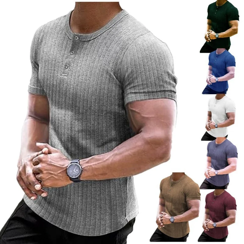 

CIGY-Sports Slim-Fitting Muscle Men's Short SleeveTT-shirt Workout Elastic Threaded Tight Solid Color American Henry