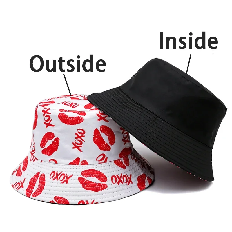 Red Lips Printing Bucket Hat Love Heart Graffiti Pattern Fisherman Hats Double Sides Panama Cap Summer Sunscreen Outdoor