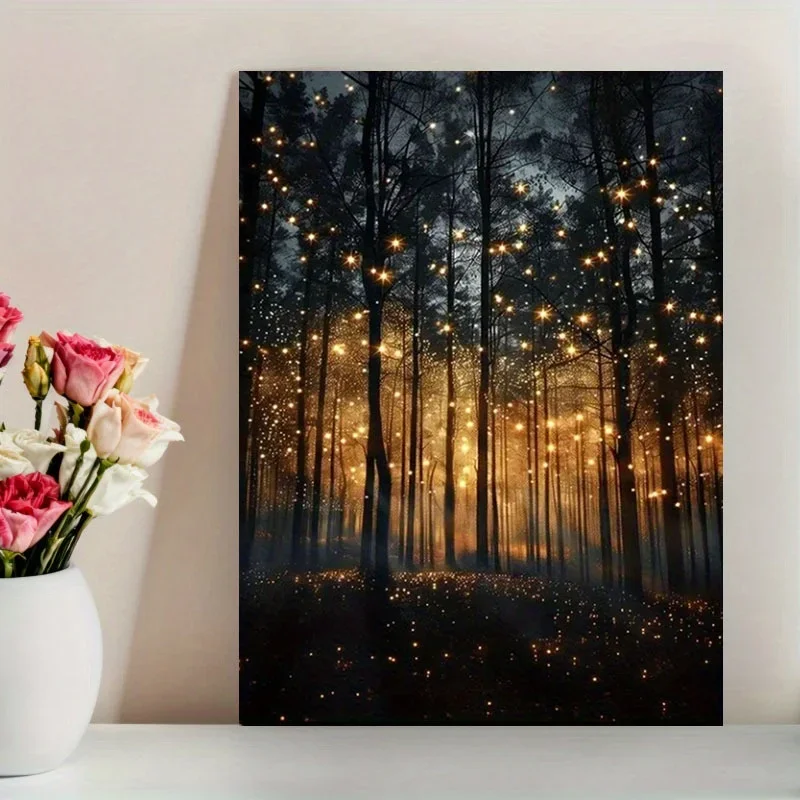 Enchanting Firefly Forest Canvas Art Print - Frameless Wall Decor with Glowing Tree Silhouettes, Mystical Night Scene for Liv