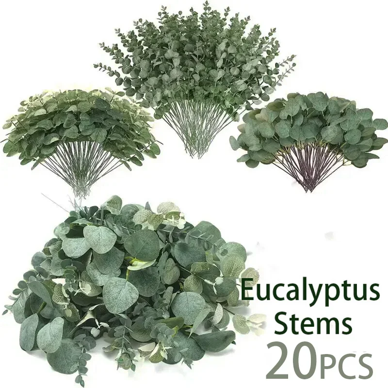 20PCS Artificial Eucalyptus Leaves Stems Bulk Silver Dollar Leaf Picks Plant Fake Flowers for Wedding Bouquets Floral Decor