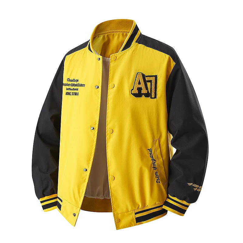 

Мужская университетская куртка Streetwear — вышивка «А7», цветной блок с контрастными пуговицами, оверсайз для острых повседневных видов