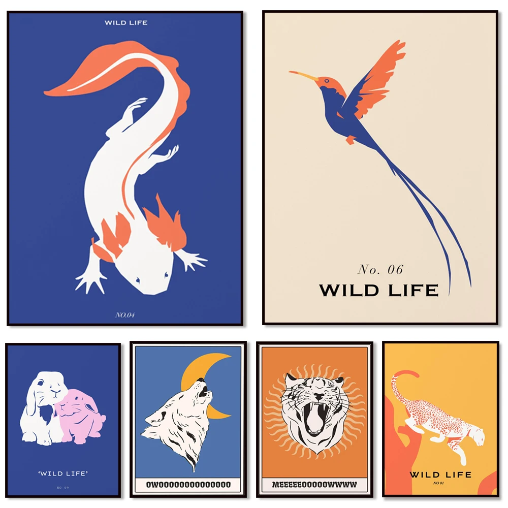 Lemur, penguin, hummingbird, alpaca, rabbit, leopard, tiger, axolotl art print, modern animal art poster