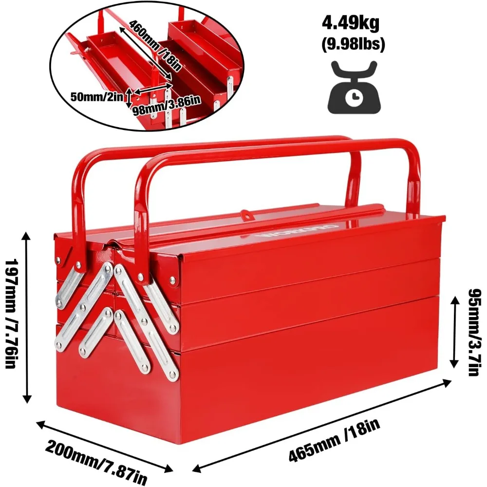 18-Zoll-roter freitragender, zusammenklappbarer Aufbewahrungsbox mit 3-lagigem Werkzeug-Organizer mit 5 Fächern