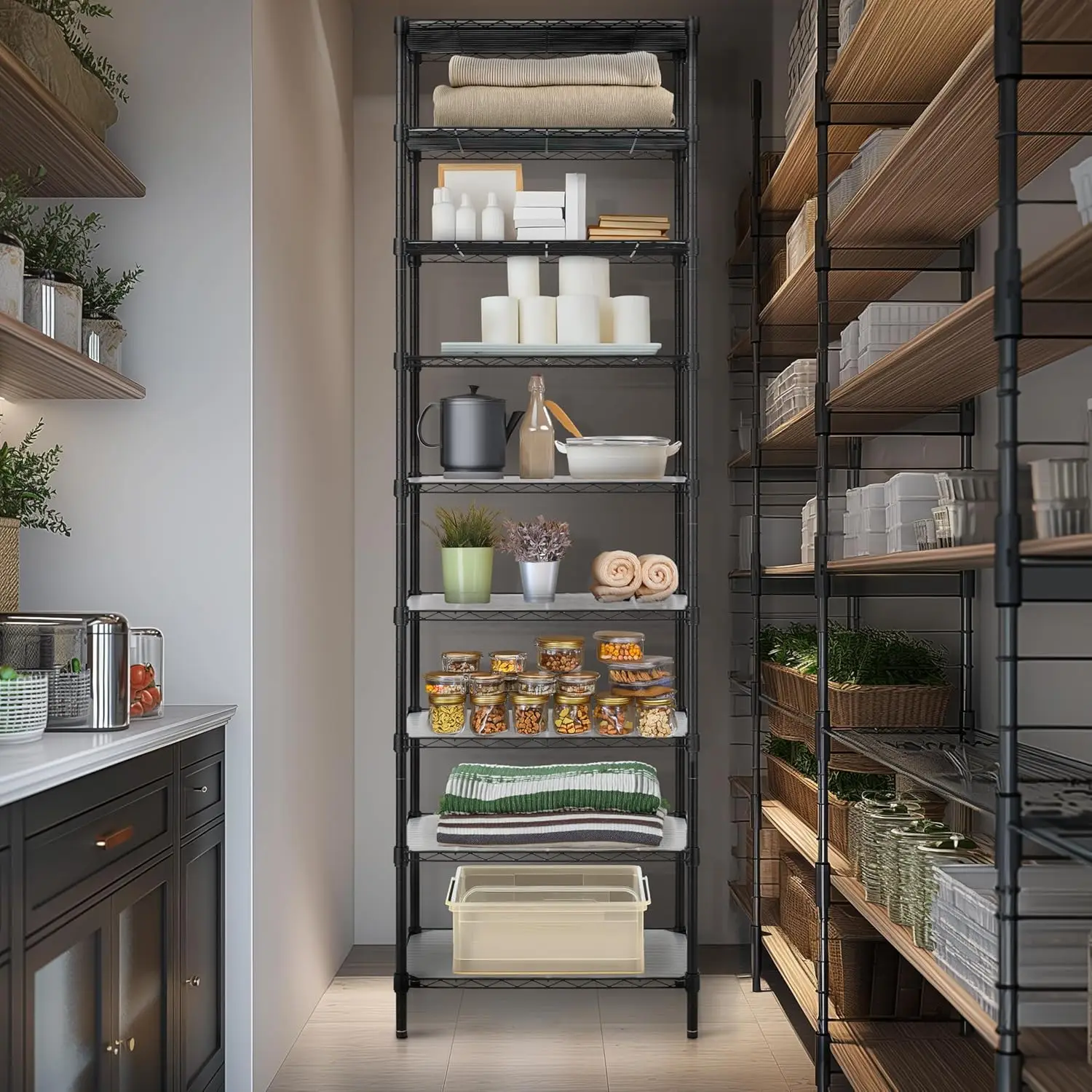 وحدة رفوف سلكية مكونة من 9 طبقات رفوف سلكية فولاذية قابلة للتعديل، ارتفاع 81 بوصة و9 أرفف رف تخزين معدني، جودة البيع الساخن