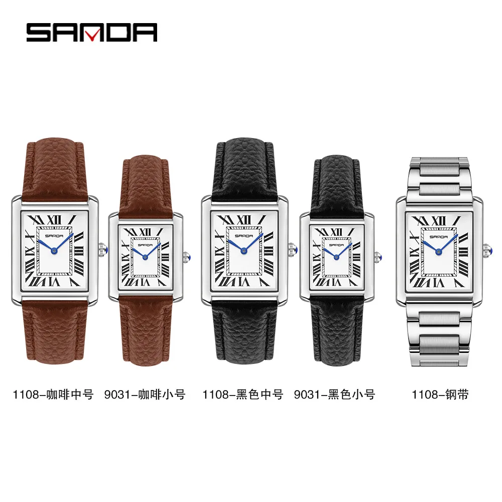 Fashion Sanda Top Brand 1108 Rectangular Couple Watch Silver Case Luxury Business Genuine Leather Quartz Clock Zegarek Damski