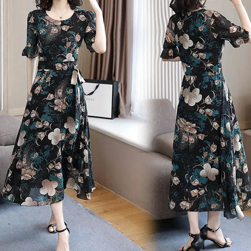 Vestido comprido floral de cintura feminina, manga curta, gola redonda, cinto emendado, temperamento solto, casual, moda de cintura, novo, verão, 2023