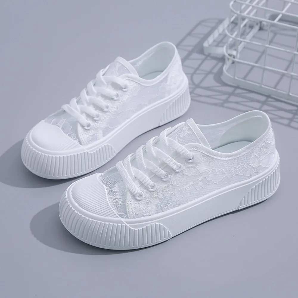 Women Shoes Fashion Summer Casual Shoes White Sneakers Cutouts Lace Canvas Hollow Breathable Platform Sneakers Tenis Feminino