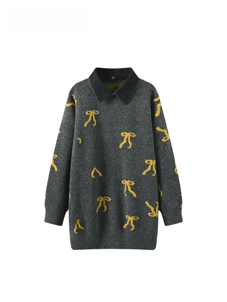 

plus Size Fake Two-Piece Long Sve Knitwear Women Spring Faion Slimming Trendy Top Korean Loose Fit Knot Design