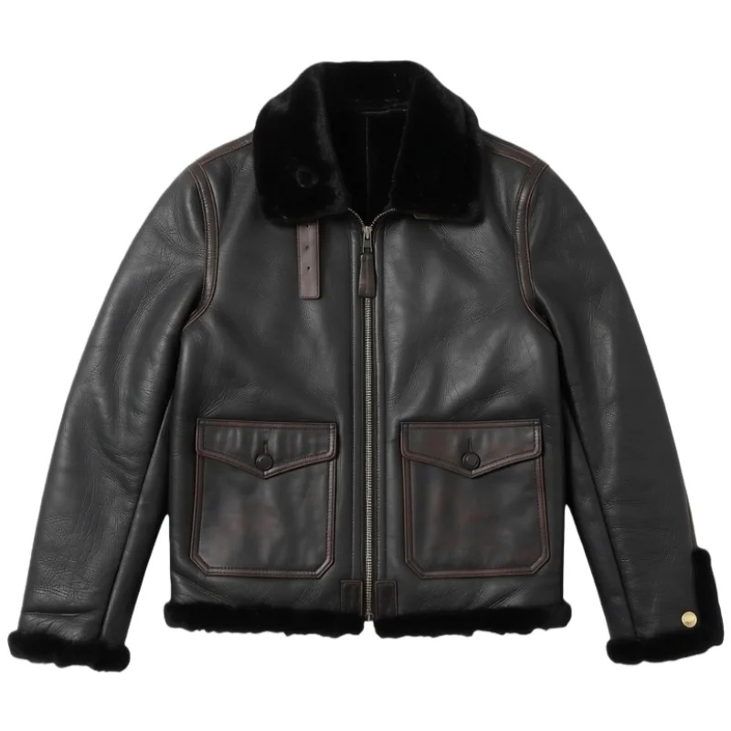Black Winter Shearling Jacket Men American Retro Style Plus Size 5XL Genuine Natural Thick Sheepskin Turn-Down Collar Warm Coat