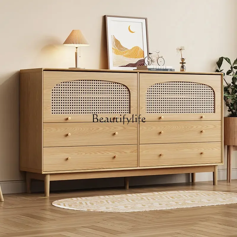 3Living Room Storage Small Cabinet Retro Rattan Woven Solid Wood Wall-Mounted Storage Cabinet