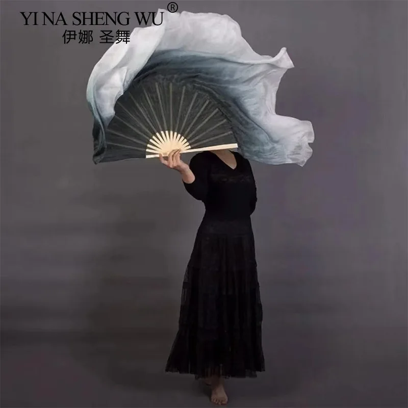 Ink Black Gradient Imitation Silk Fan Veils Double-sided Chinese Classical Folk Dancing Fans 1pc Right Hand Stage Show Props Fan