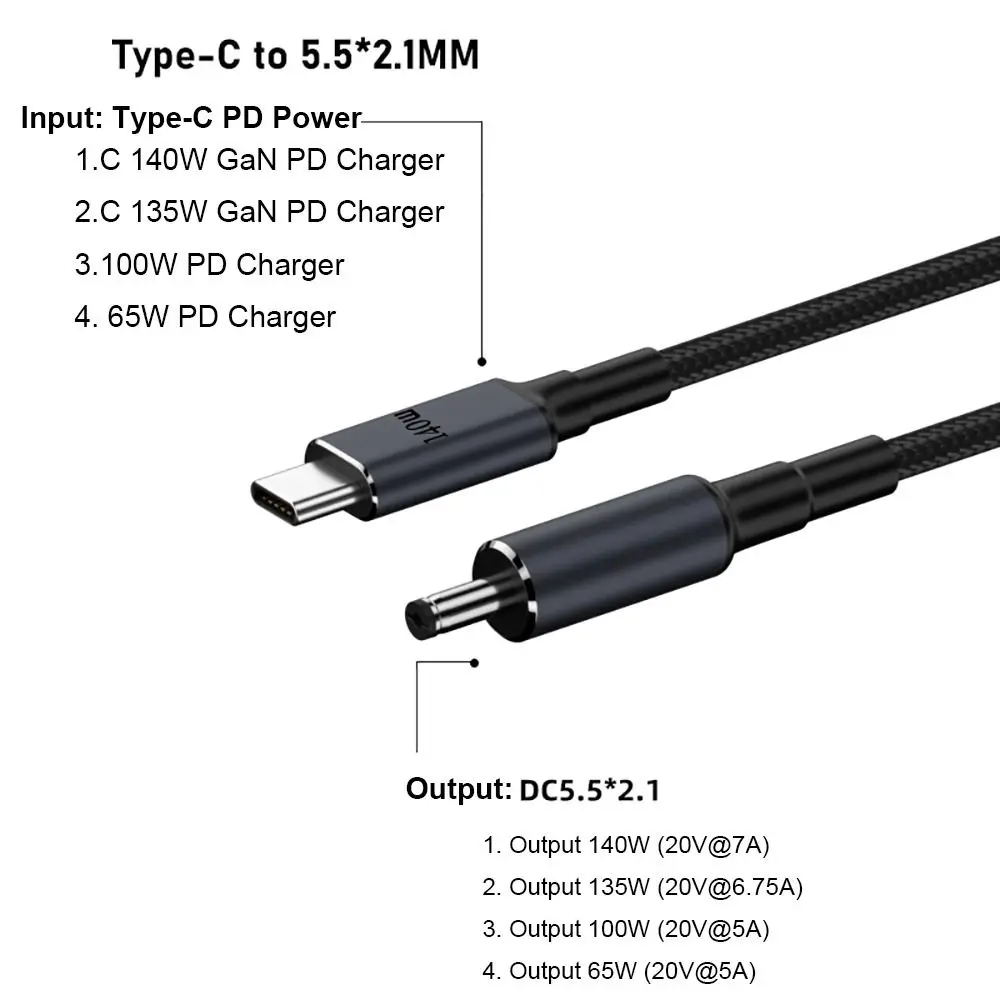 180CM Laptop USB Type C to DC Cable 5.5X2.5mm 20V 7A PD 140W Converter Line Multiple Models Emark Chip for HP/Dell/Asus