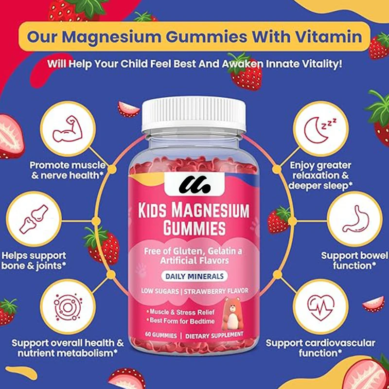 Children's Magnesium Soft Candy - Magnesium Citrate+Vitamin B6 and D3, Pure Strawberry Flavor 60 capsules