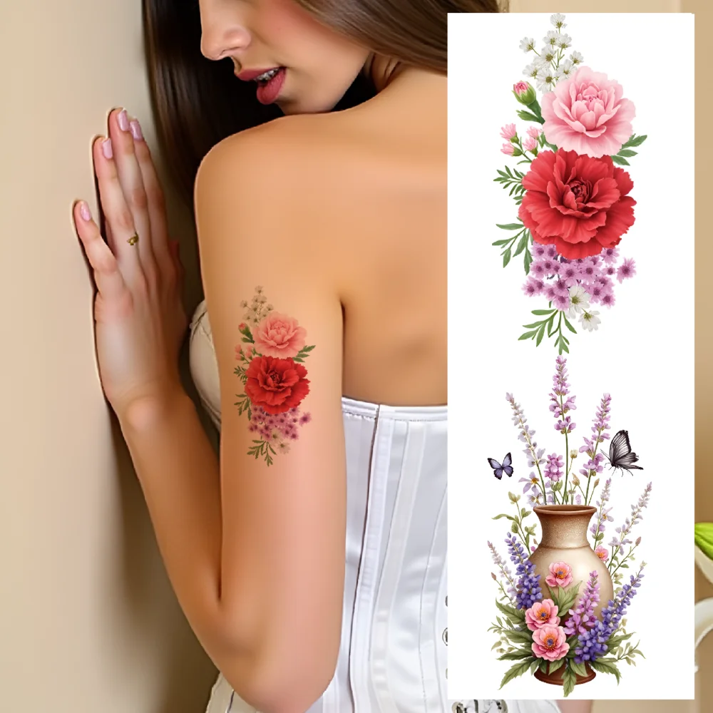 

9pcs Temporary Tattoo Irises Temporary Tattoo Stickers Chrysanthemums Vase With Lavender For Back Arms Male