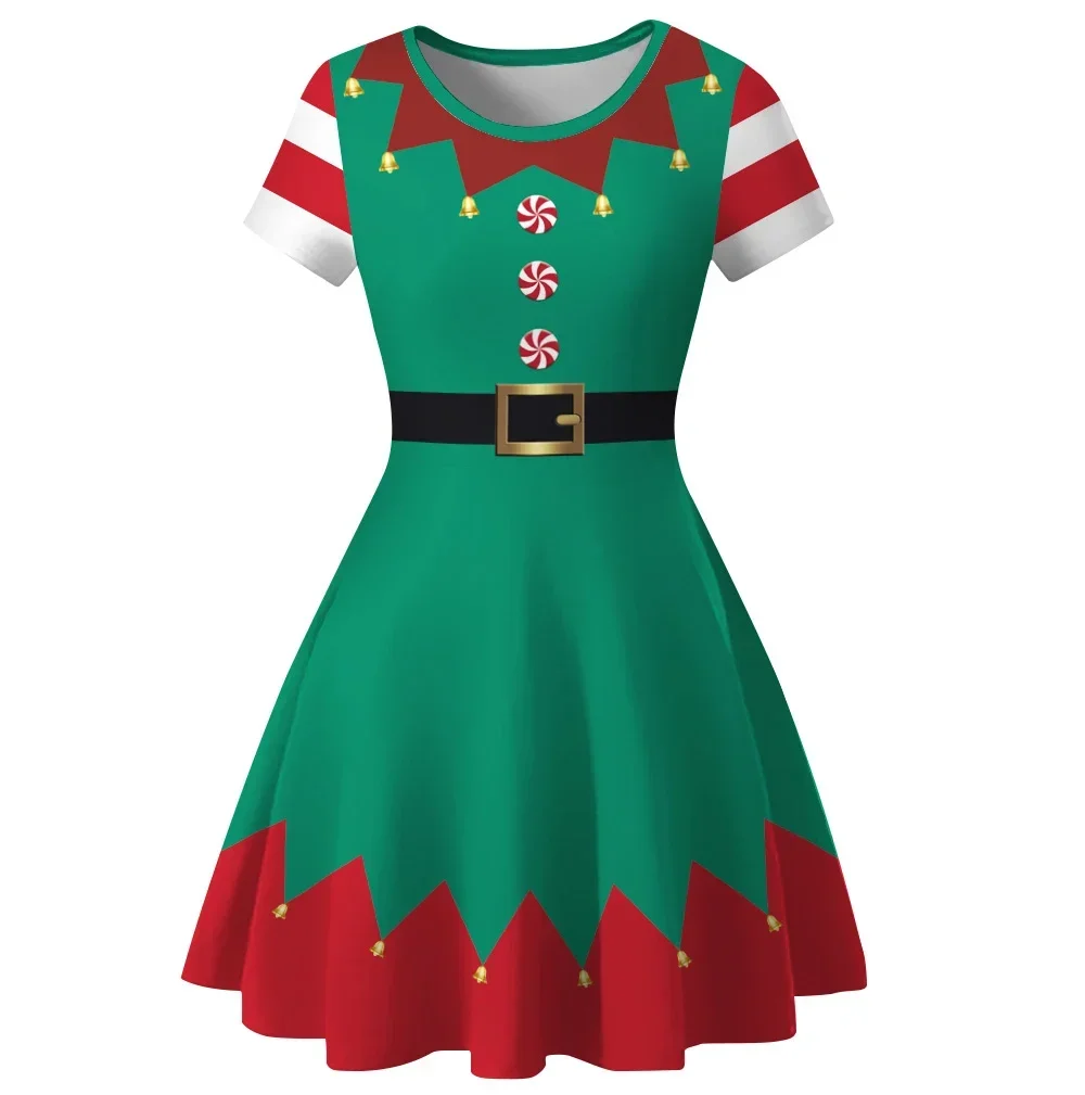 Christmas Dress for Women Green Xmas Tree Printed Women Dress Party Santa Cosplay Costume Disguise Adult Clothing Dress Up