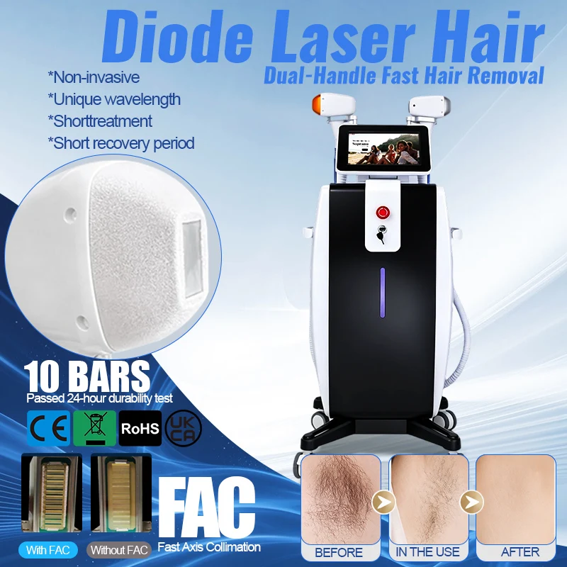 2 Handle Diode Laser Hair Removal Device 5000W 10 Bars 5 Wavelength 755nm‑1064nm Permanent Body Hair Remover Smart Touch Screen