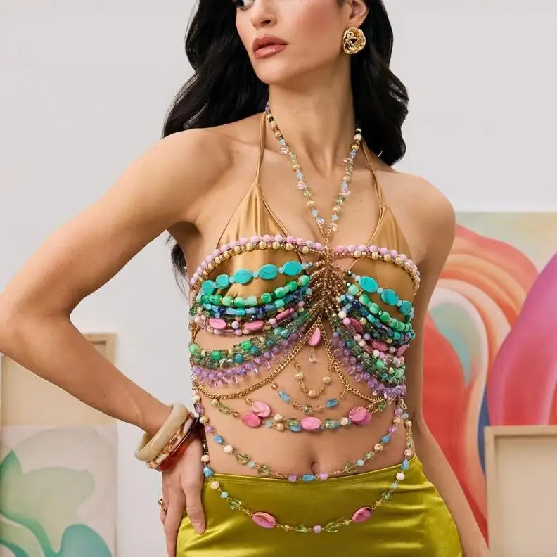 

Sexy Beaded Necklace Body Chain Multi-Layered Crop Top for Music Festival Wear Cross-Border Hot Girl Trendy Short Length