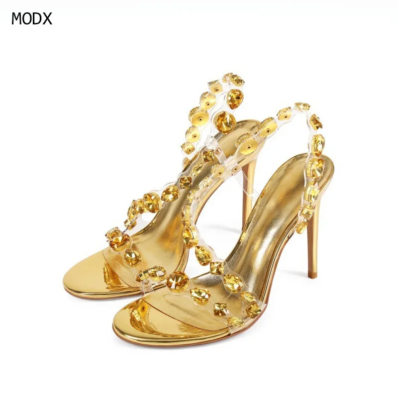 

Women Gold Rhinestone PVC Transparent Stiletto Heel Sandals Open Toe Ankle Strap Party Club Evening Prom Dress Shoes Size 44