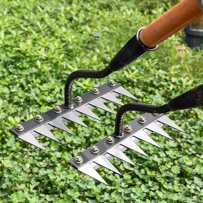 5/6/7/8 Teeth Carbon Steel Garden Hand Rake Farm Tool Weeding Scarifier Agricultural Nail Harrow Metal Harrow Garden WeedingTool