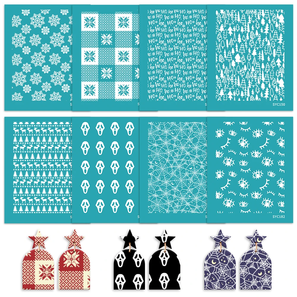 

Face Mask Spider HOHOHO X-mas Tree Snowflake Polymer Clay Silk Screen Stencils for Printing Clay Stamps Jewelry Earrings Decor