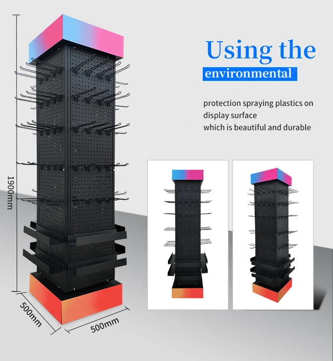 Custom Floor Stand Metal 4-Sides 360 Degree Rotating Pegboard Display Shelve Rotating Display Stand With advertisement