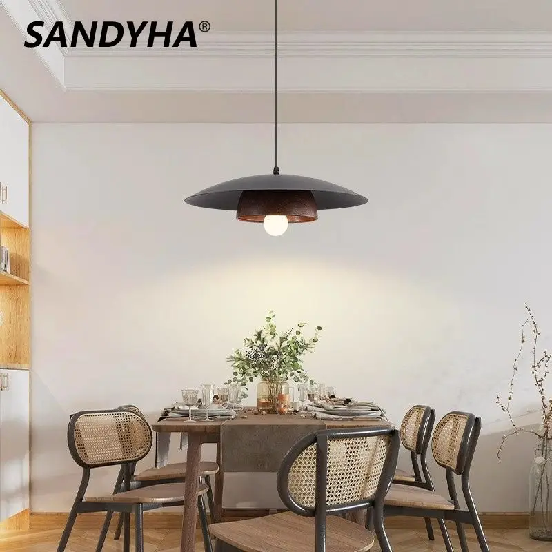 

SANDHA Nordic Pendant Light Retro Minimalist Design Flying Saucer Hanging chandelier Walnut Bar Counter Dining Ceiling led Lamp