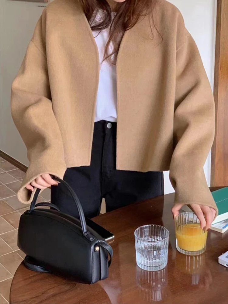 High-end Short Double-sided Open V-neck Short Style Coat Women Spring Autumn New Loose Woolen Coats Fashion Jacket Female