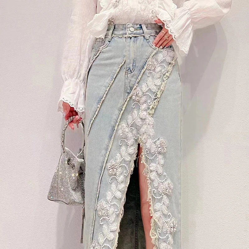 

2024 Spring Summer Women High Waisted Ripped Embroidery Beading Pencil Skirt , Woman Placket Slim Beads Tassel Denim Skirts