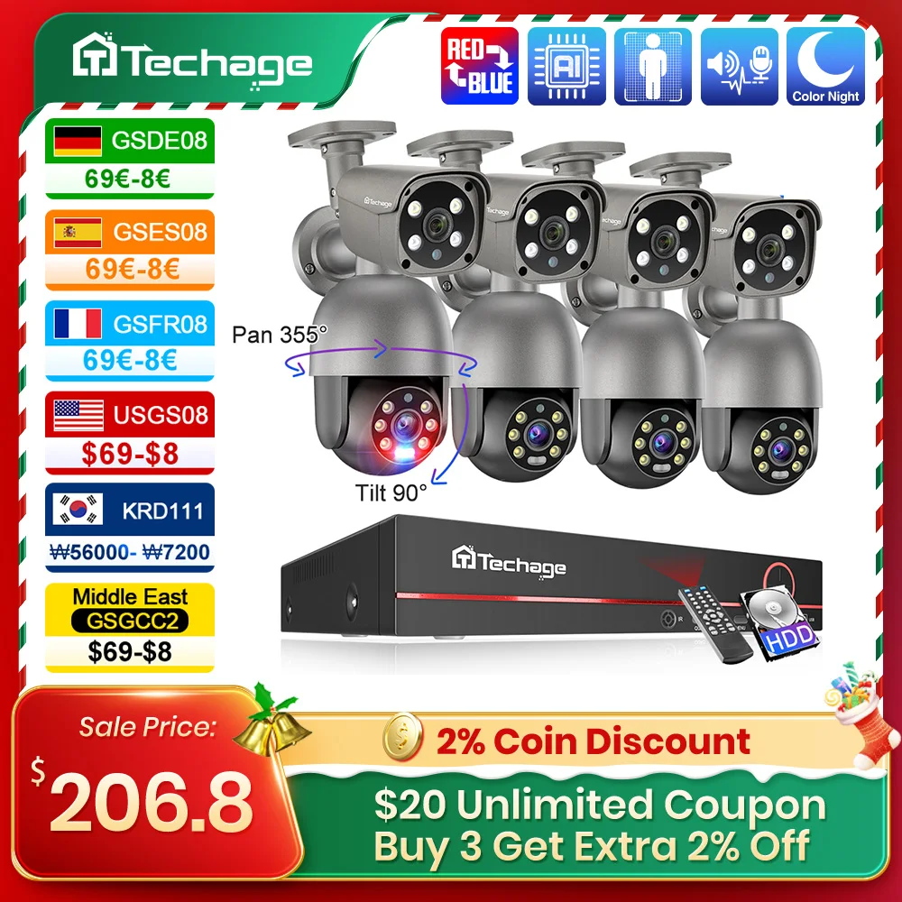 

Techage 8CH UHD 5MP PTZ POE Camera System Outdoor AI Human Detect Two-way Conversation CCTV Video Surveillance H.265 NVR P2P Kit