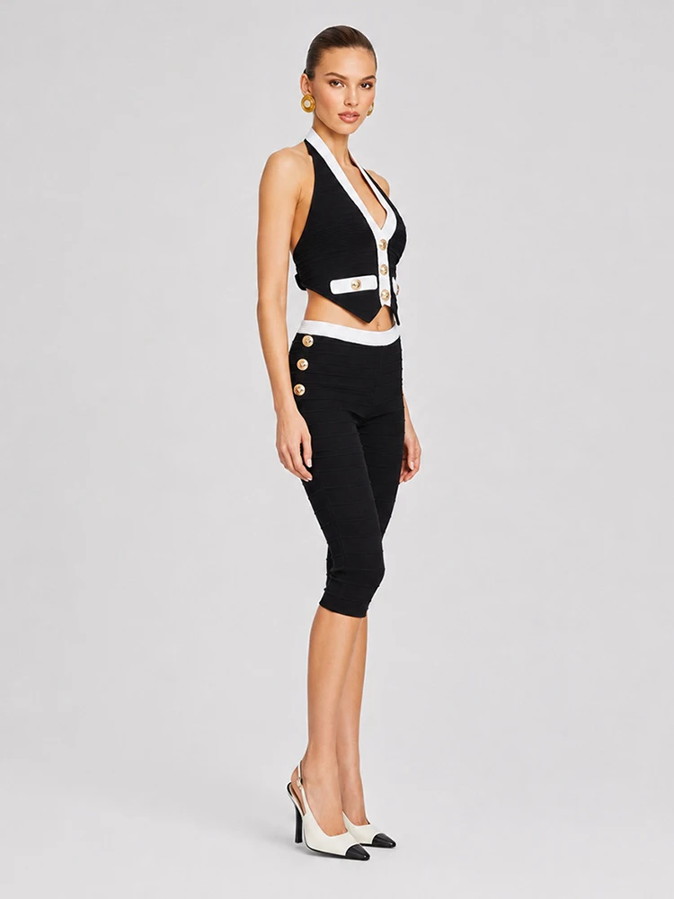 Sexy Two Piece Set Women Bandage Capri Pants Suits Halter Neck Backless Crop Top + Button Calf-Length Pants Sets Evening Party view 5
